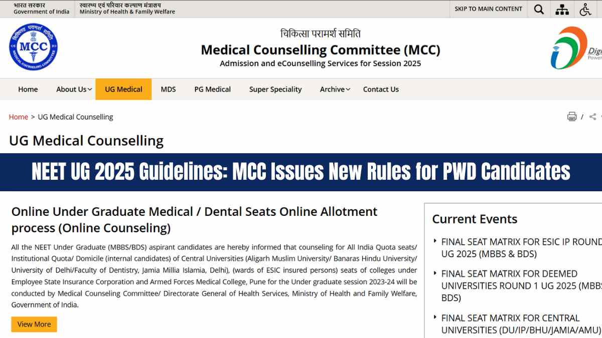 NEET UG 2025 Guidelines: MCC Issues New Rules for PWD Candidates, Check Official Notice Here